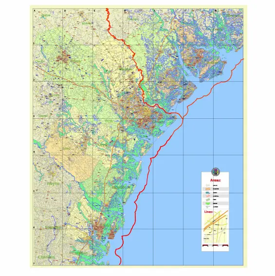 90 inch Georgia, South Carolina US Counties: Liberty, Long, McIntosh, Glynn, Beaufort, Jasper, Effingham, Bulloch, Bryan, Chatham: Map Vector High Detailed Street – Road Map editable Adobe Illustrator in layers